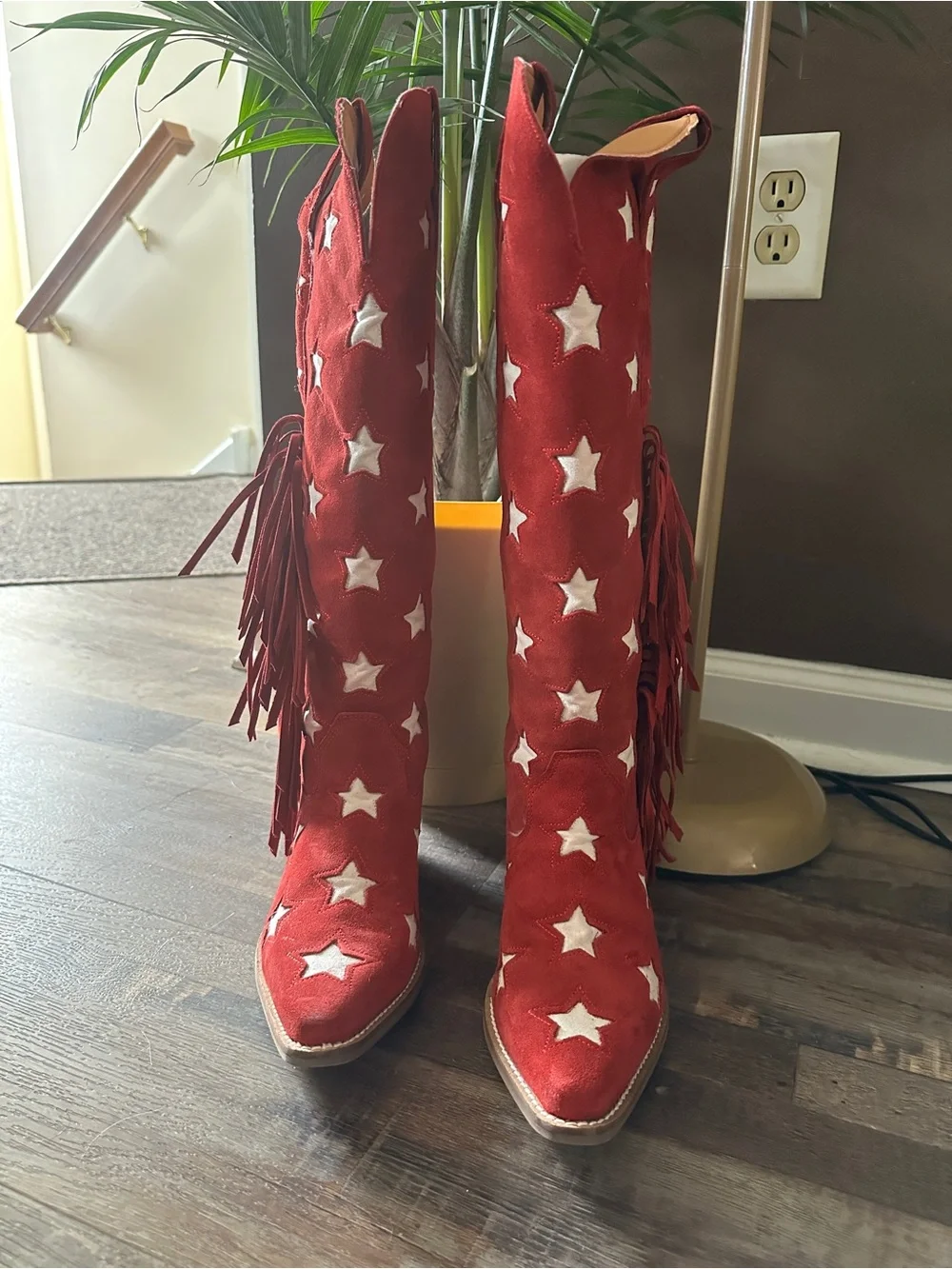 Red Suede Over-the-Knee Star Embroidered Boots with Fringe